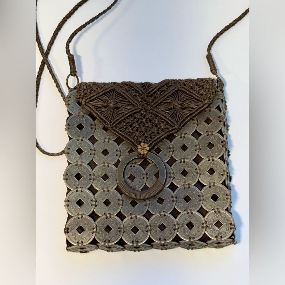 Vintage Boho Chinese Coin Macrame Crossbody Bag Brown Festival Hippie Pouch